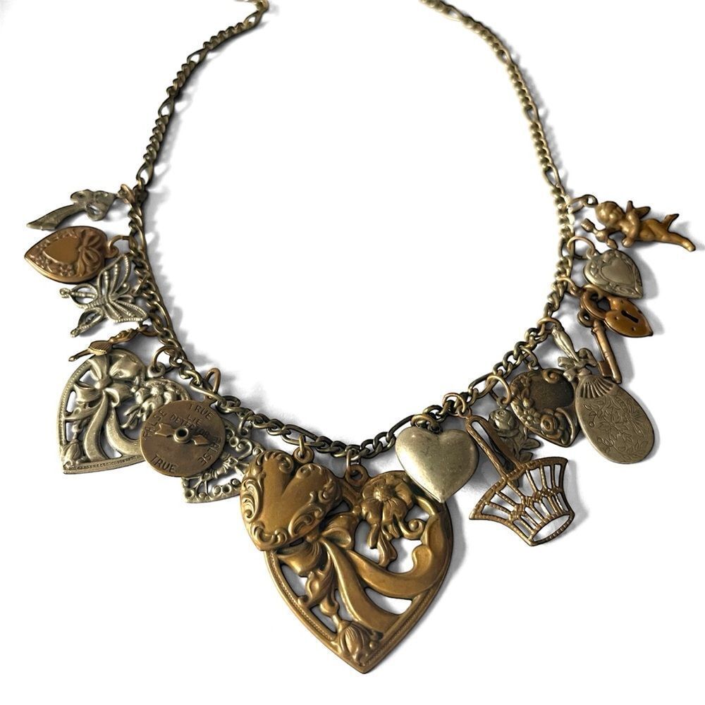 Vintage Piddly Links Brass Heart Cherub Charm Necklace
